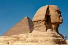 Africa, Egypt, Giza. Classic view of the Sphinx and one of the great Pyramids of Giza. Art Print